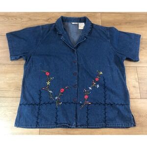 Vtg VJ Woman Shirt Womens 1X Blue Denim‎ Floral Embroidered Button Up Gramacore